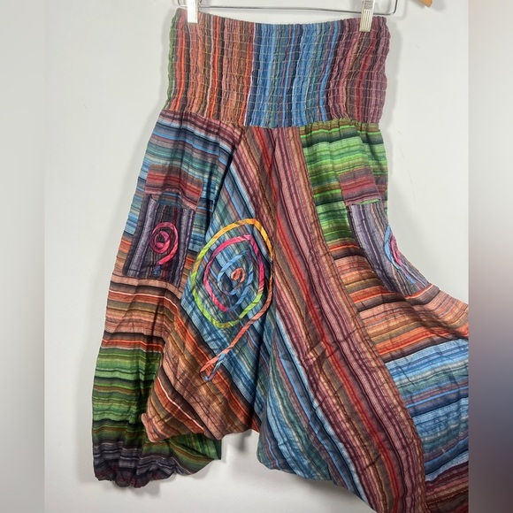 Harem Striped Swirl Embroidered India Cotton Hippie Festival Pants Medium - Picture 2 of 6